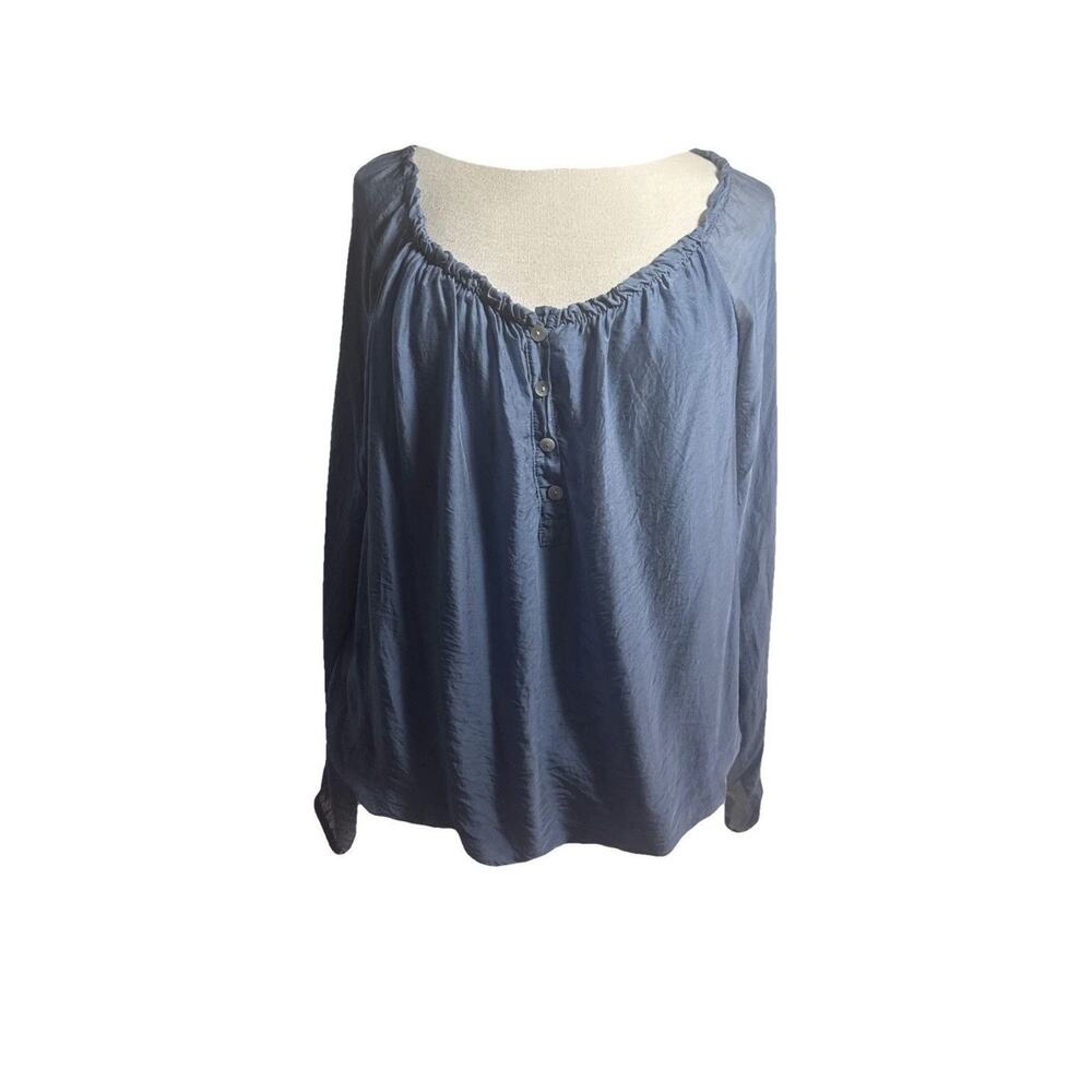 Blue Silk Long Sleeve Top with Pearlized Buttons
